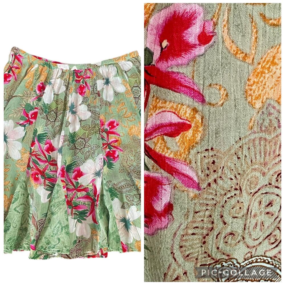 Bila Green Floral Knee Length Flare‎ Skirt Size L Tropical Summer Casual Resort